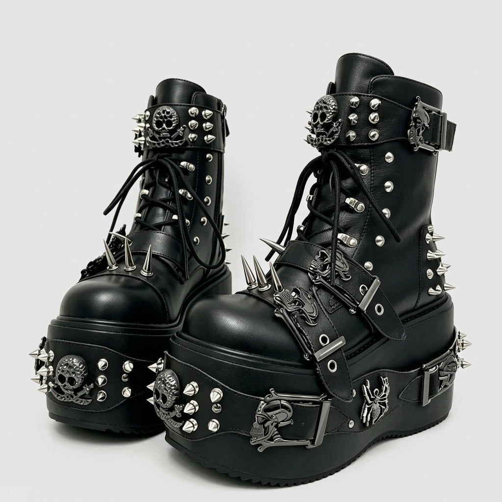 as picture 7 / 50 2026 Camouflage Print Platform Ankle Boots Spider Metal Studs Spikes Buckle Straps Lace-Up Gothic Punk Y2K Street Fashion Shoes