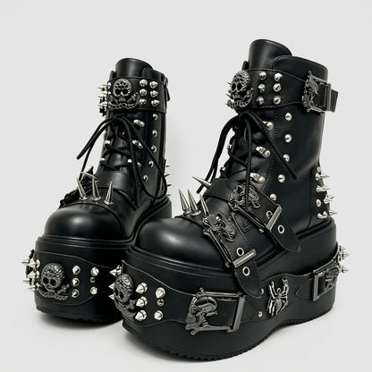 as picture 7 / 50 2026 Camouflage Print Platform Ankle Boots Spider Metal Studs Spikes Buckle Straps Lace-Up Gothic Punk Y2K Street Fashion Shoes