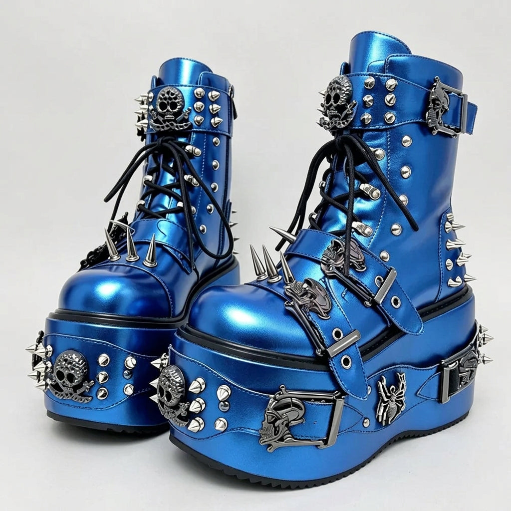 as picture 8 / 50 2026 Camouflage Print Platform Ankle Boots Spider Metal Studs Spikes Buckle Straps Lace-Up Gothic Punk Y2K Street Fashion Shoes