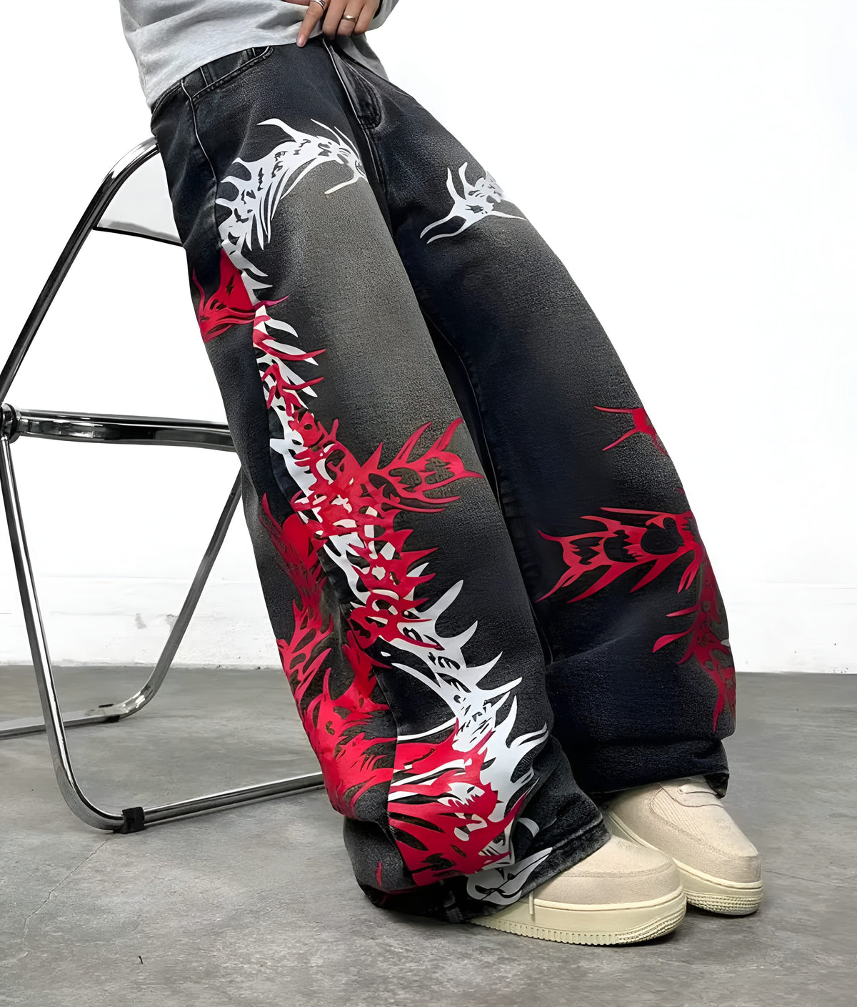 Baggy Wide Leg Jeans, Vintage Wash Dragon Skeleton Denim Pants