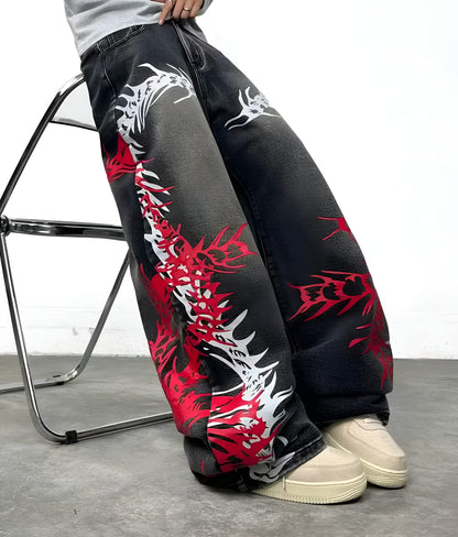 Baggy Wide Leg Jeans, Vintage Wash Dragon Skeleton Denim Pants