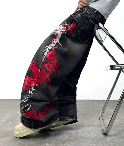 Baggy Wide Leg Jeans, Vintage Wash Dragon Skeleton Denim Pants