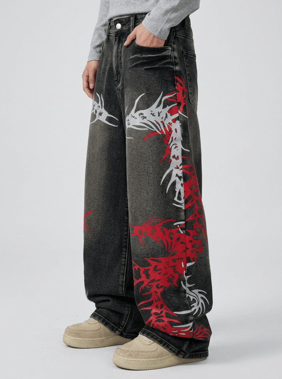 Baggy Wide Leg Jeans, Vintage Wash Dragon Skeleton Denim Pants