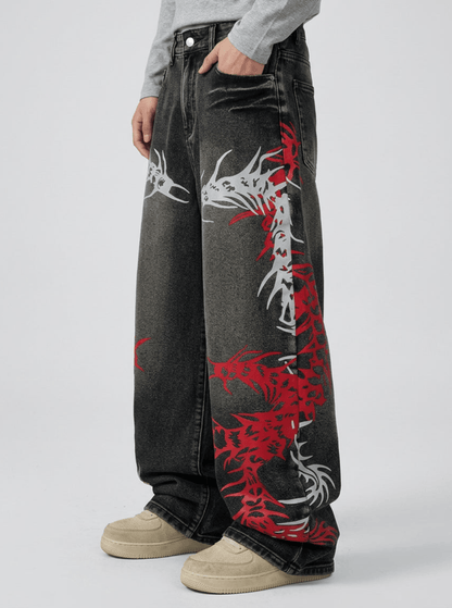Baggy Wide Leg Jeans, Vintage Wash Dragon Skeleton Denim Pants