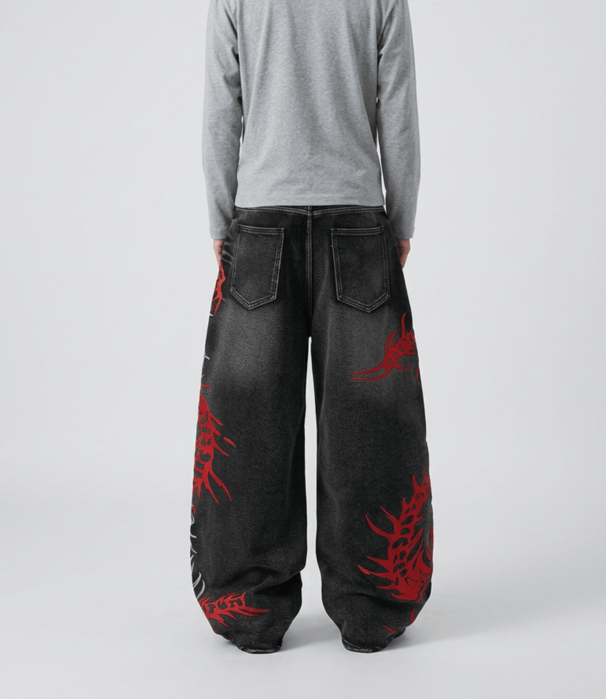 Baggy Wide Leg Jeans, Vintage Wash Dragon Skeleton Denim Pants