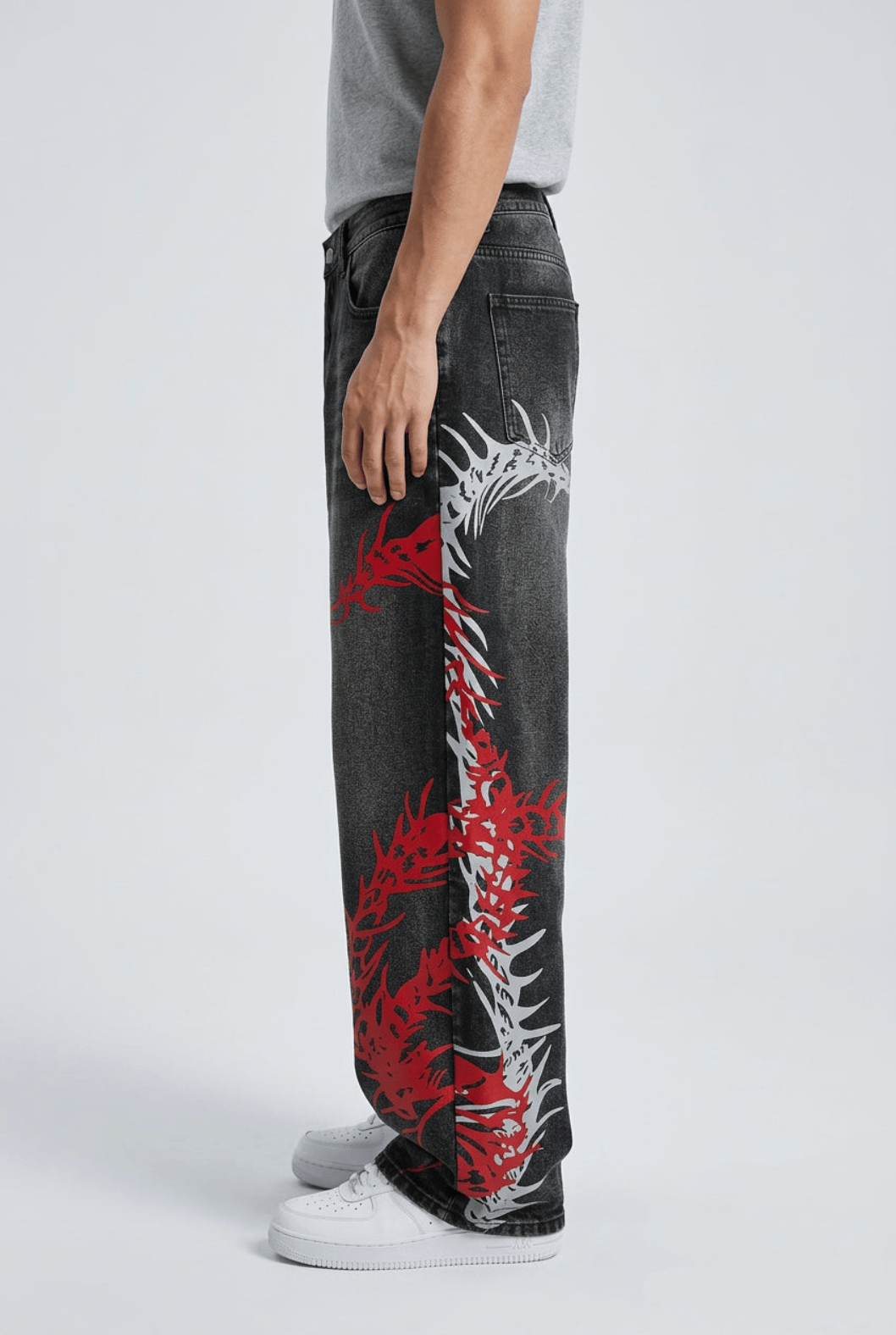 Baggy Wide Leg Jeans, Vintage Wash Dragon Skeleton Denim Pants