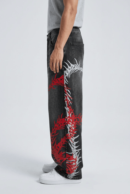 Baggy Wide Leg Jeans, Vintage Wash Dragon Skeleton Denim Pants