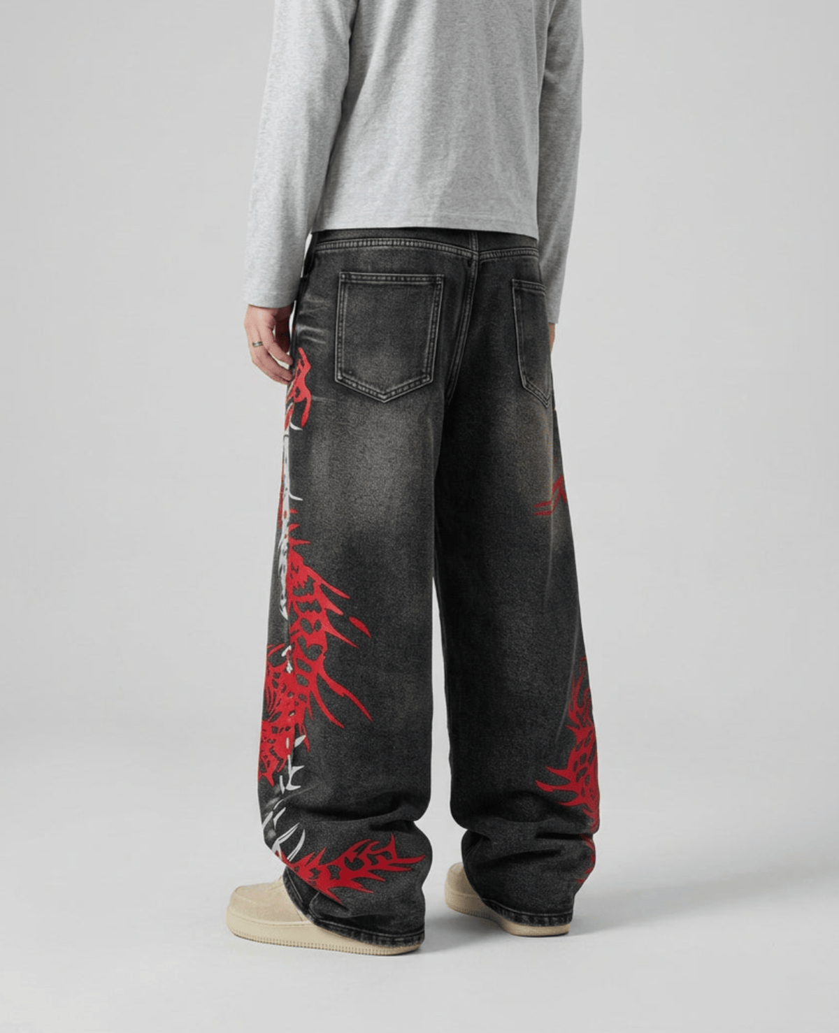 Baggy Wide Leg Jeans, Vintage Wash Dragon Skeleton Denim Pants