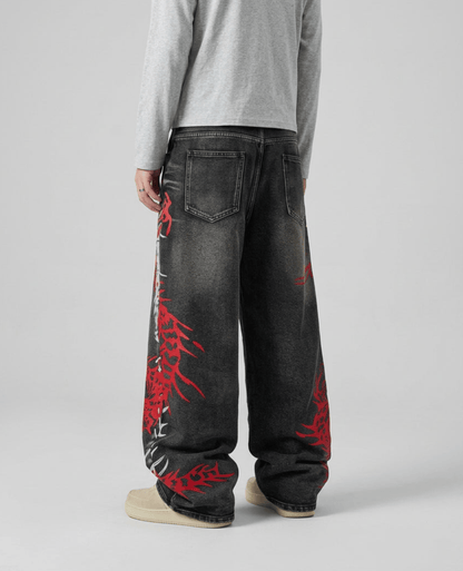 Baggy Wide Leg Jeans, Vintage Wash Dragon Skeleton Denim Pants