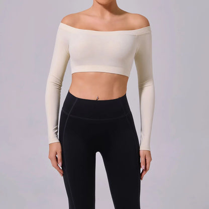 Beige / M Fashion Long Sleeve Slash Neck Sports Top Women Crop Top for Fitness Yoga Wear Fashion Sports Short T-shirt Gym Workout Shirt