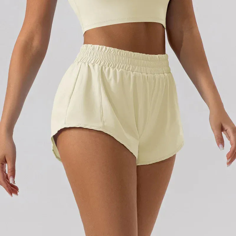 Beige / S 4 Fitness Low Waist 2.5 Inch Shorts Women (Victorious FluxNet Shorts)