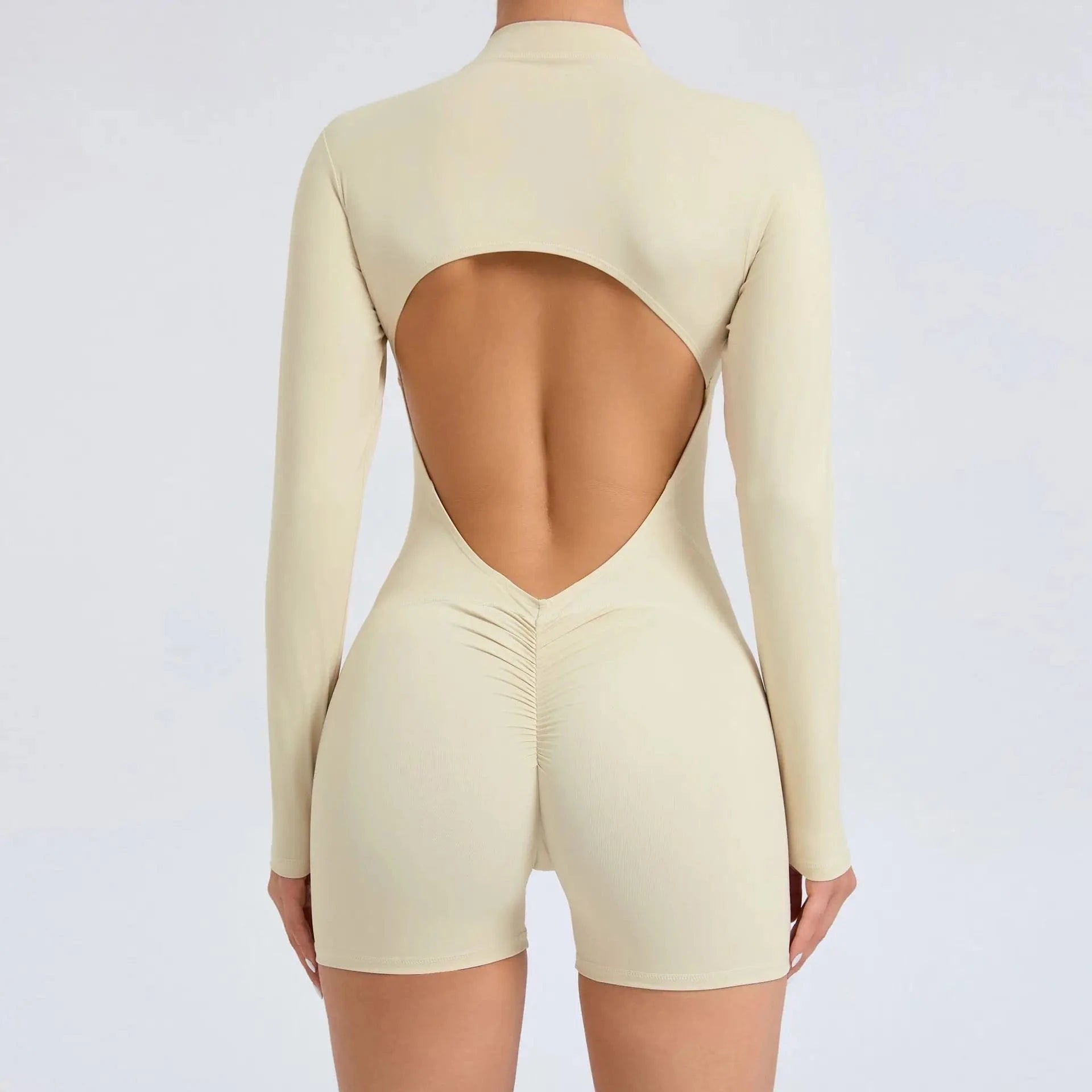 Beige / S Women Backless Open Black Jumpsuit with Shorts / Gym One Piece Suit with Short / Bodycon (Comet)