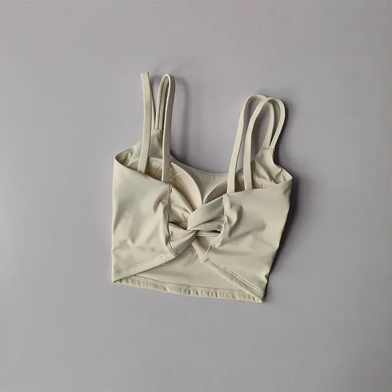 Beige / S Women's Back knotted Sports Bra / High Impact Gym (Victorious Titanium Mesh)