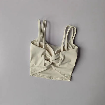 Beige / S Women's Back knotted Sports Bra / High Impact Gym (Victorious Titanium Mesh)