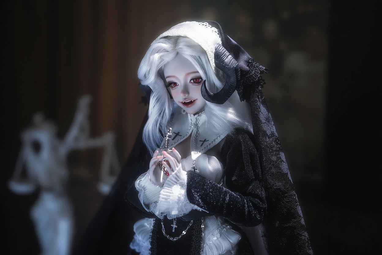 BJD Doll 1/4 Cassandra Fullset C Bariy Big Chest Body Demon Goat Horn Nun Satanic Evil Theme Resin Figure Shugafairy