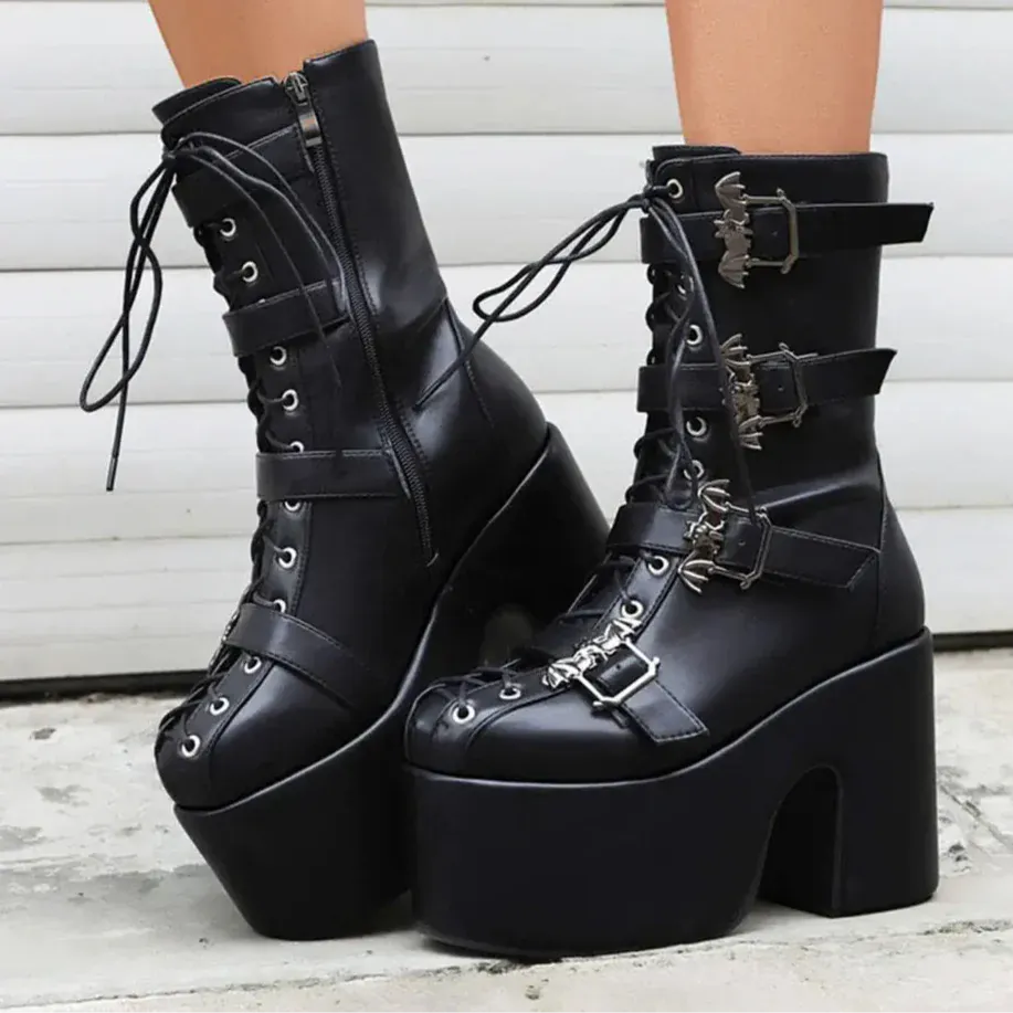 black 2 / 12 Punk Goth Women Motorcycle Boots Block /High Heels Platform Shoes