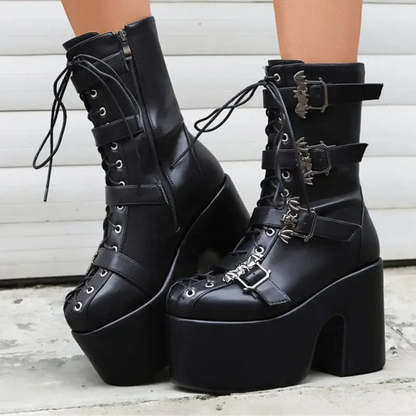 black 2 / 12 Punk Goth Women Motorcycle Boots Block /High Heels Platform Shoes