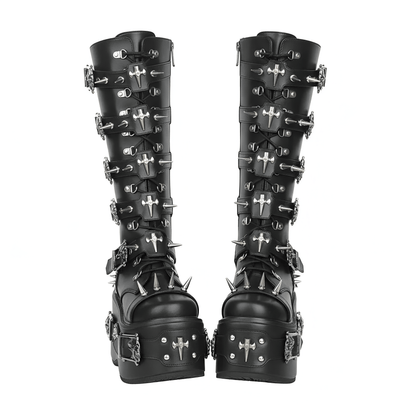 Black / 34 Women's Rivet Buckle Platform Boots/ Round Toe Cross Tied Leather Boots