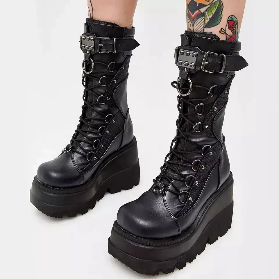 black / 35 Brand New Ladies Goth Platform Boots Fashion Rivet Buckle Punk Wedges High Heels women's Boots Party Street Cosplay Woman Shoes