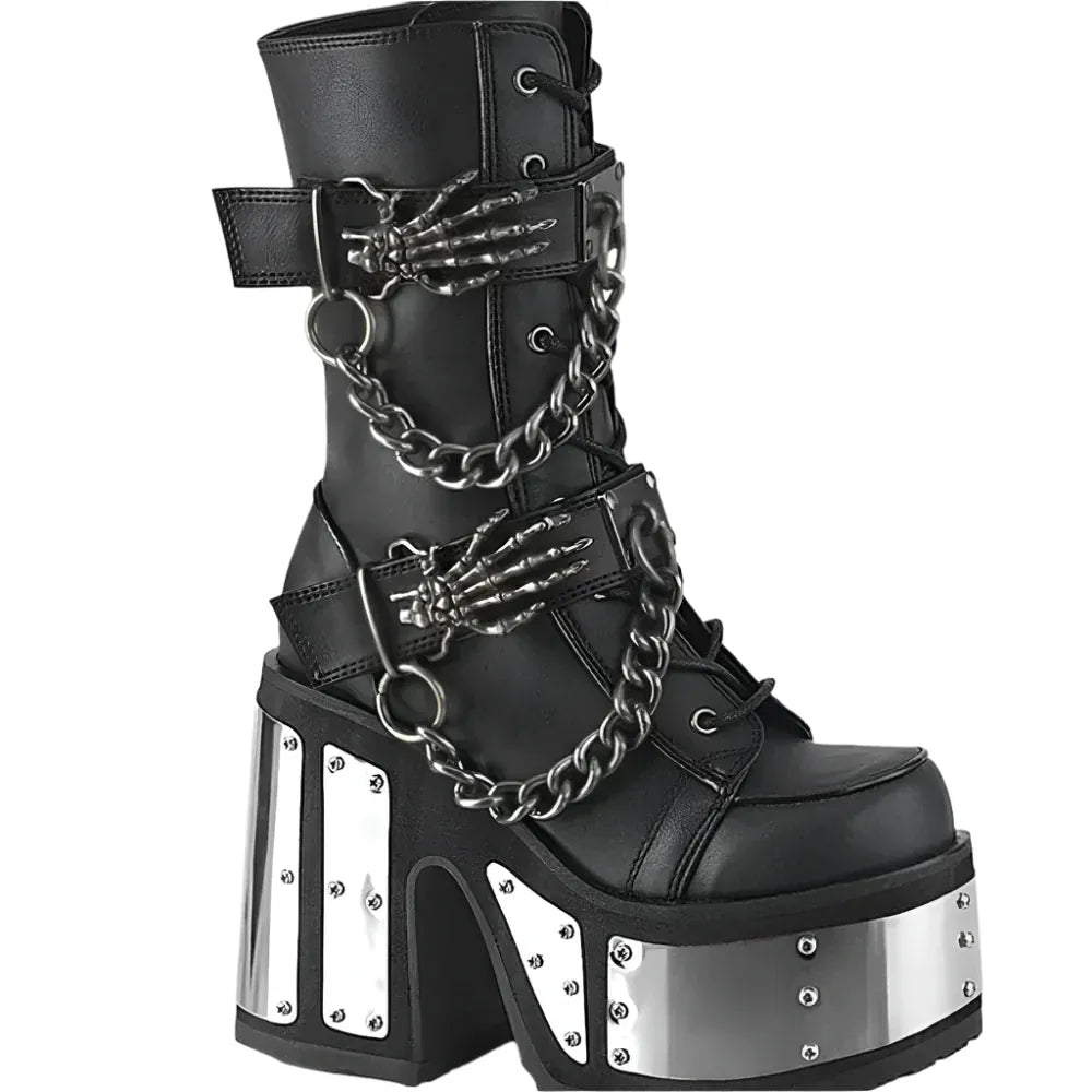Black / 35 Gothic Skeleton Hand Rivets Chain Boots / Women's Round Toe Silver Platform Boots