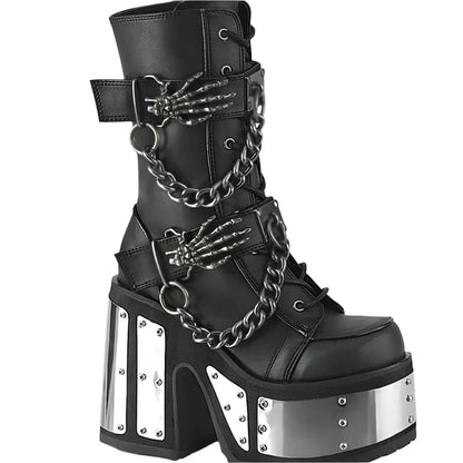 Black / 35 Gothic Skeleton Hand Rivets Chain Boots / Women's Round Toe Silver Platform Boots