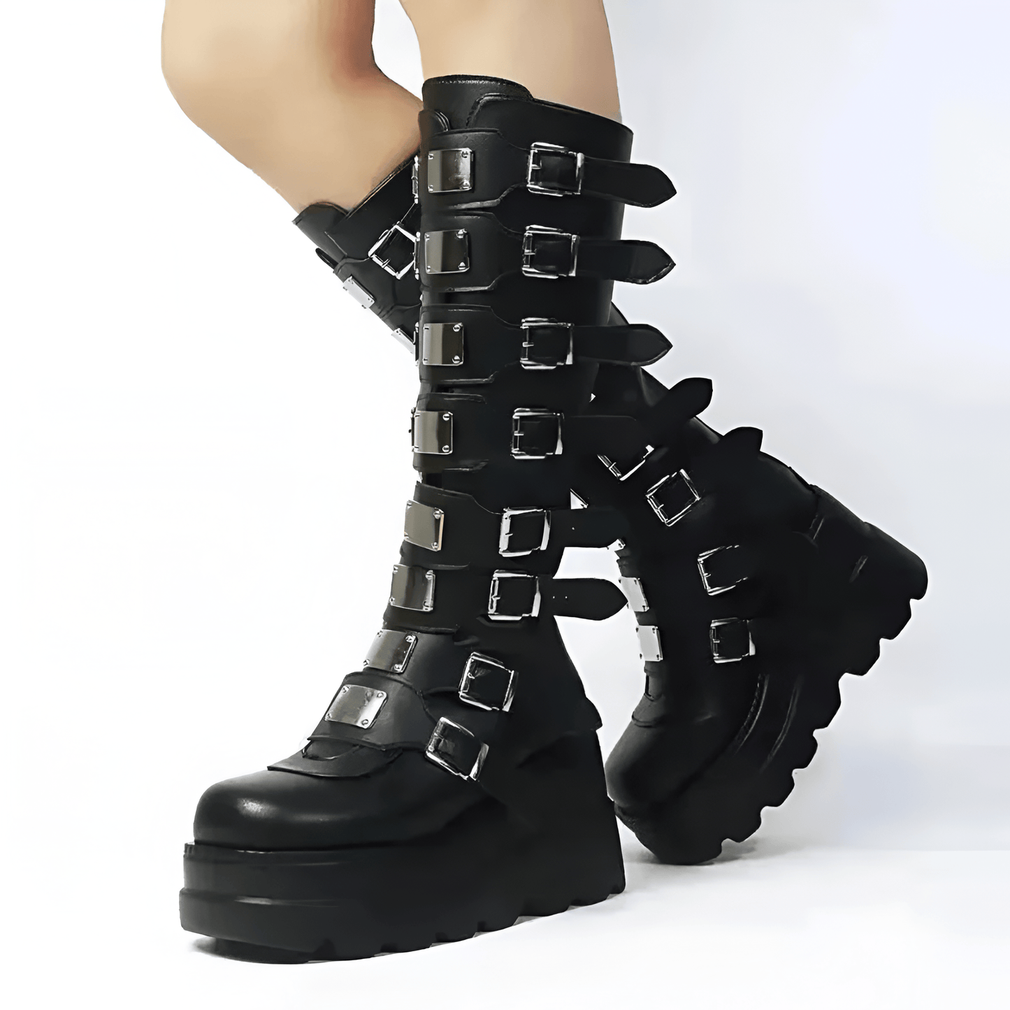 Black / 35 Long Boots Gothic style with Platform / Knee High Vegan Leather