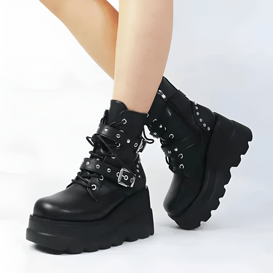 Black / 35 Vegan Leather Ankle Boots / Lace Up Gothic Shoes