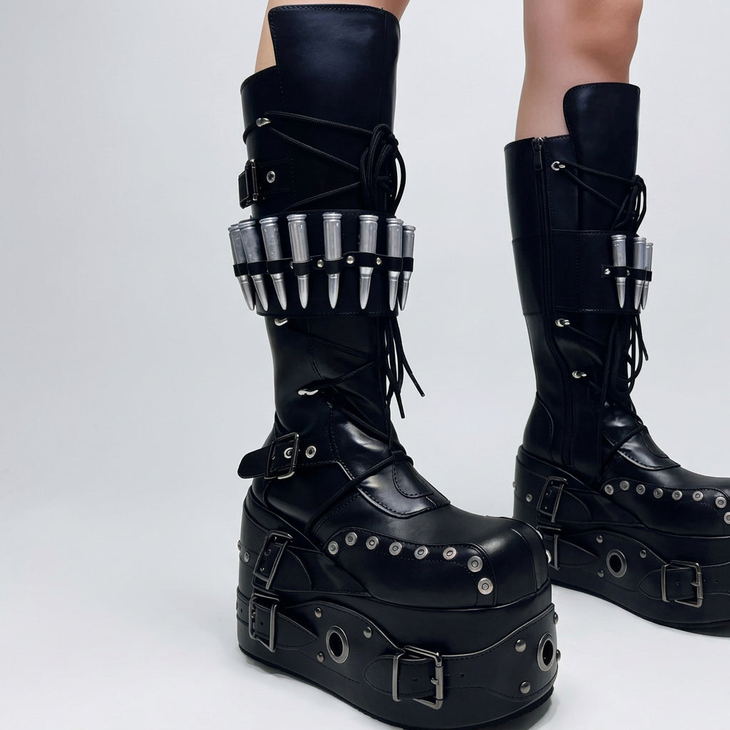 black / 36 Metal Decor Platform Boots Knee High Women Leather Spikes Buckle Lace Up Front Goth Punk Rock Motorcycle Combat Boot Fashion New