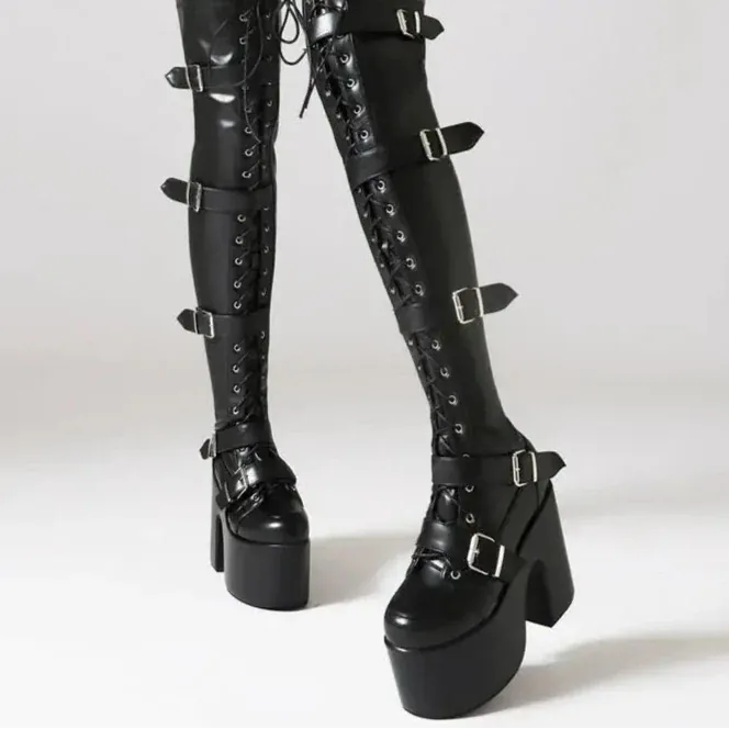 black / 5 Punk Goth Women Motorcycle Boots Block /High Heels Platform Shoes