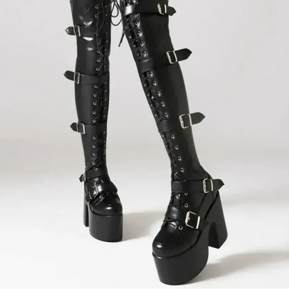 black / 5 Punk Goth Women Motorcycle Boots Block /High Heels Platform Shoes