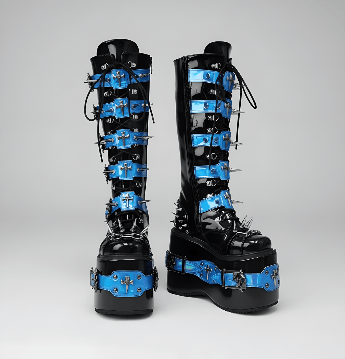 Black blue / 34 Women's Rivet Buckle Platform Boots/ Round Toe Cross Tied Leather Boots