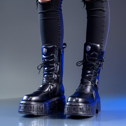 Black / EU 34 Kpop Idol Platform Boots/ Black Combat Boots with Platform