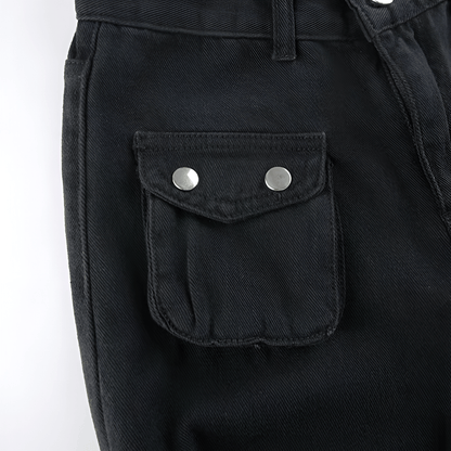 Black Goth Cargo Jeans with Multi Pockets Metal Buckle & Belt