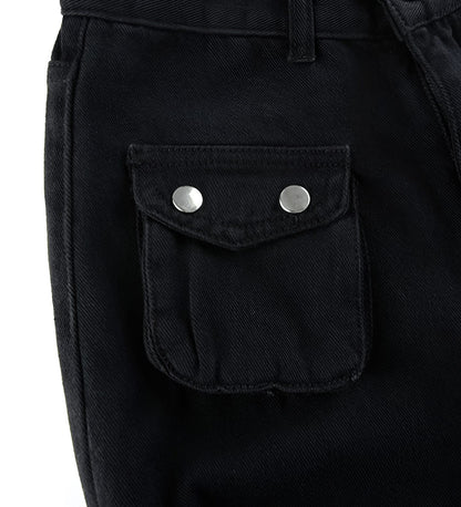 Black Goth Cargo Jeans with Multi Pockets Metal Buckle & Belt