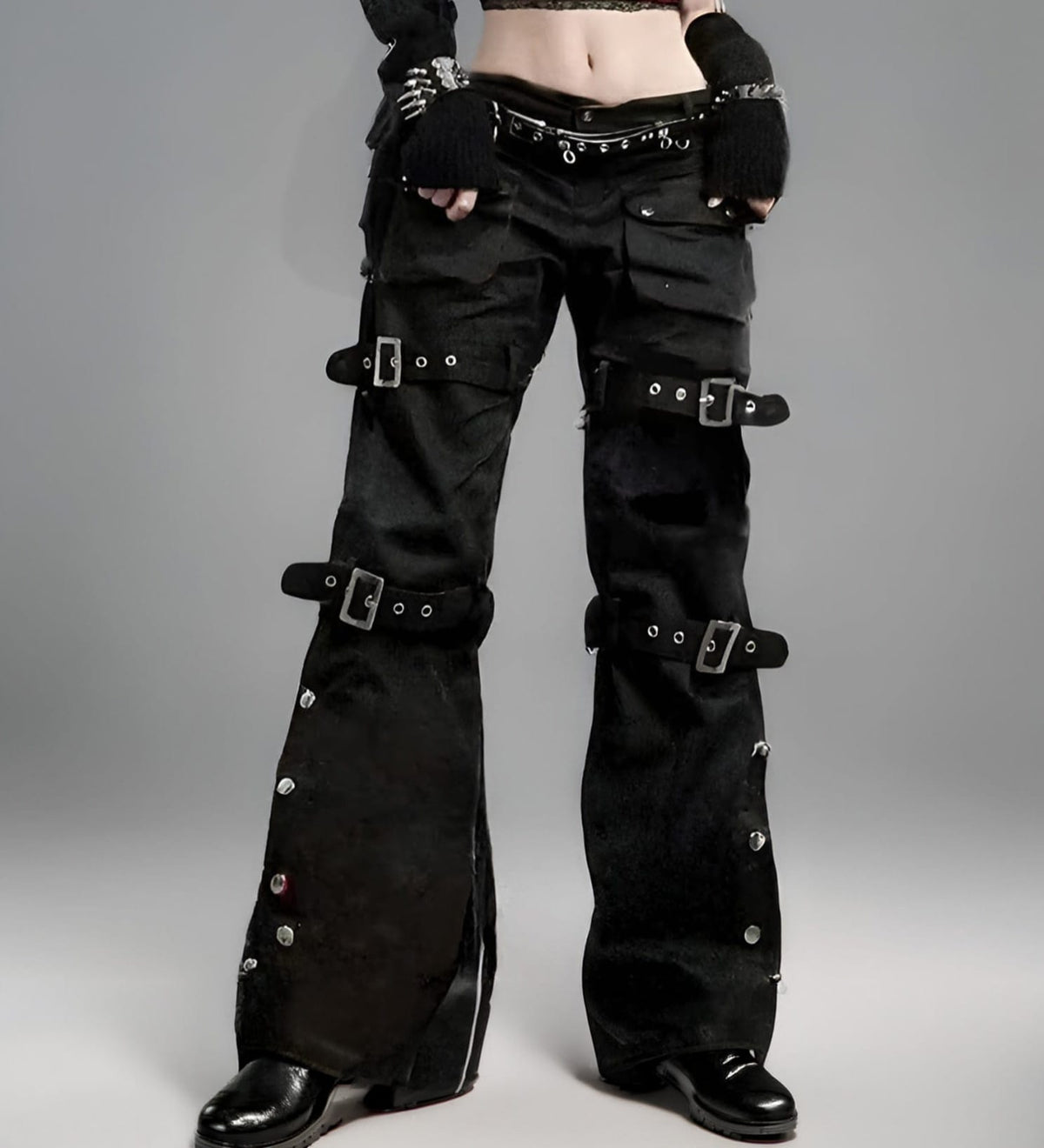 Black Goth Cargo Jeans with Multi Pockets Metal Buckle & Belt