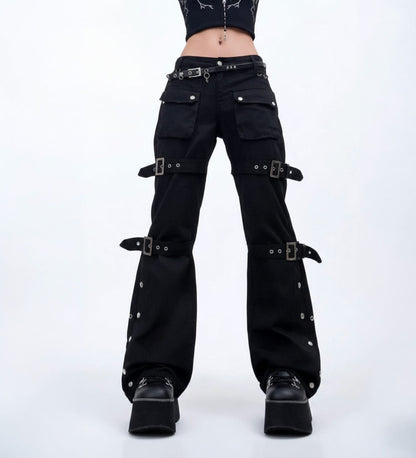 Black Goth Cargo Jeans with Multi Pockets Metal Buckle & Belt