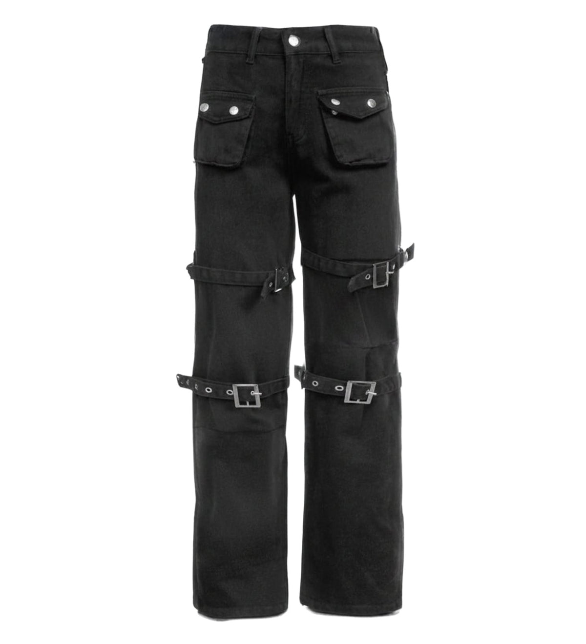 Black Goth Cargo Jeans with Multi Pockets Metal Buckle & Belt