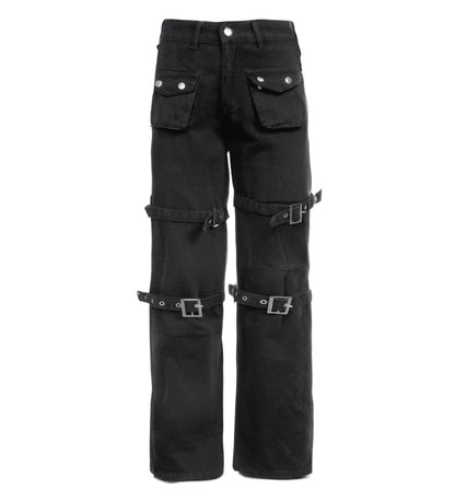 Black Goth Cargo Jeans with Multi Pockets Metal Buckle & Belt