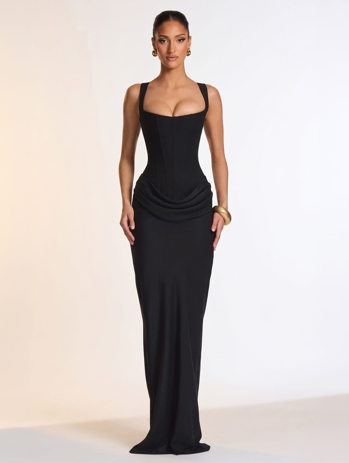 Black Long Dress / S Square Low Neck Prom Dress/ Solid Pleated Sling Dress