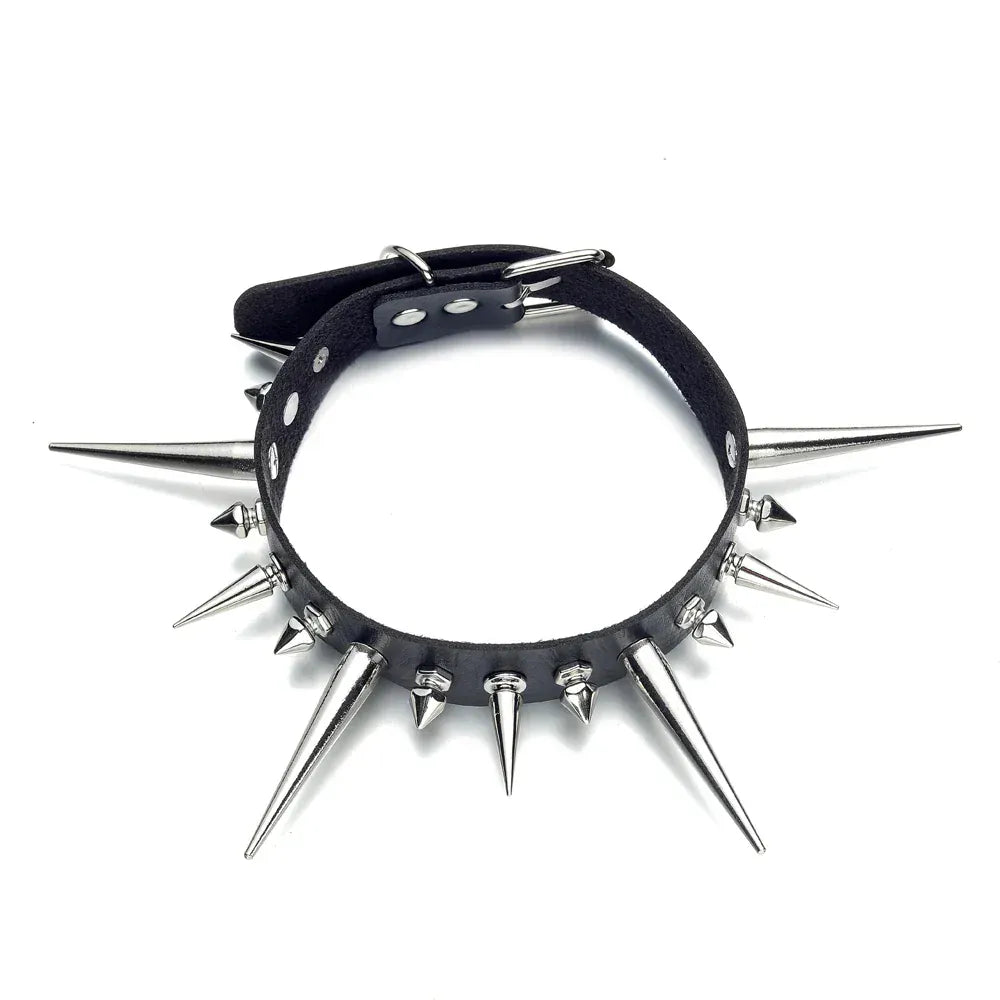 black Long Spike Choker Punk Faux Leather Collar For Women & Men / Goth Necklace Accessories