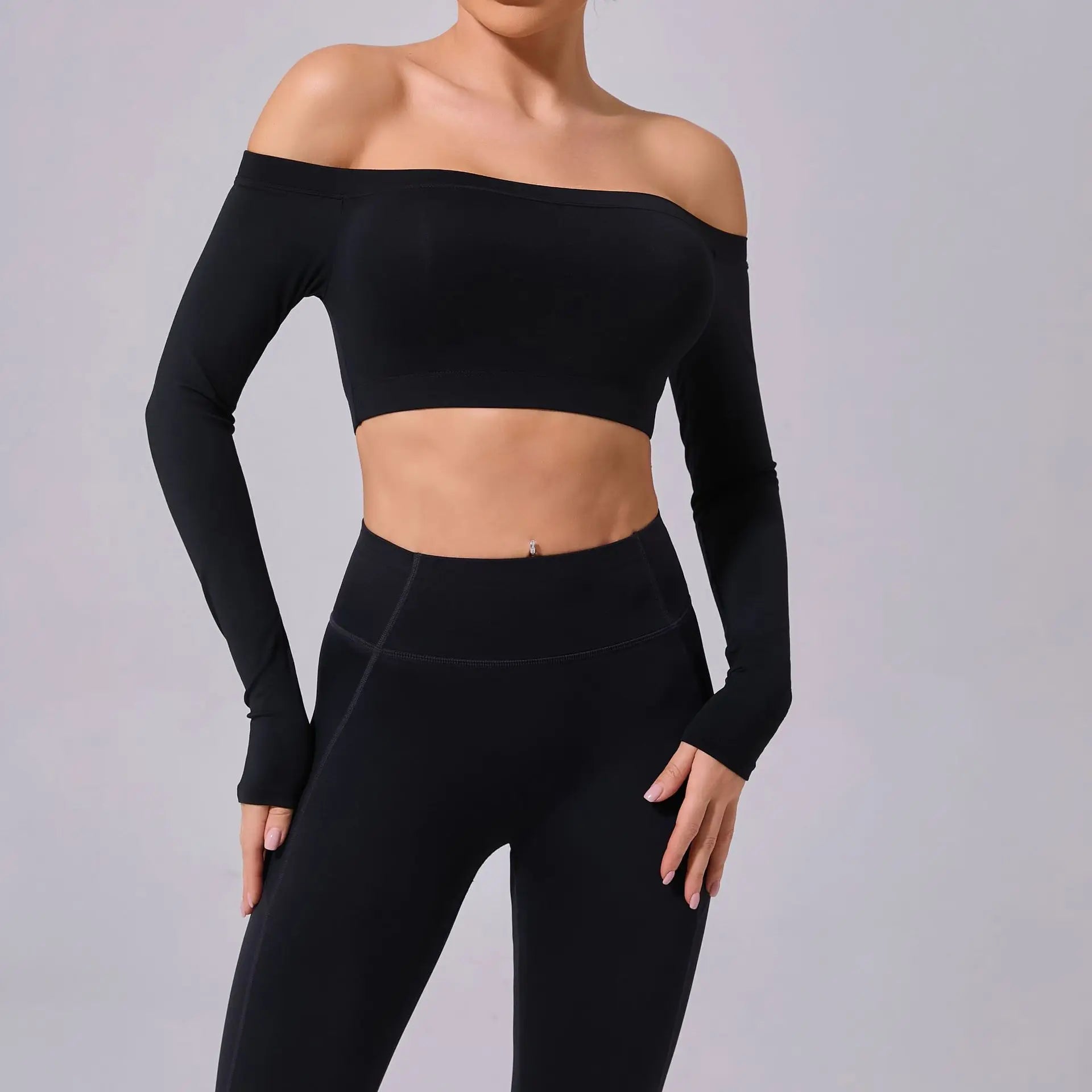 black / M Fashion Long Sleeve Slash Neck Sports Top Women Crop Top for Fitness Yoga Wear Fashion Sports Short T-shirt Gym Workout Shirt