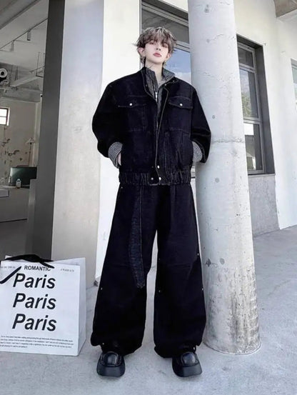 Black / M K-fashion Men's Cargo Denim Set / Wide Leg Jeans & Jacket