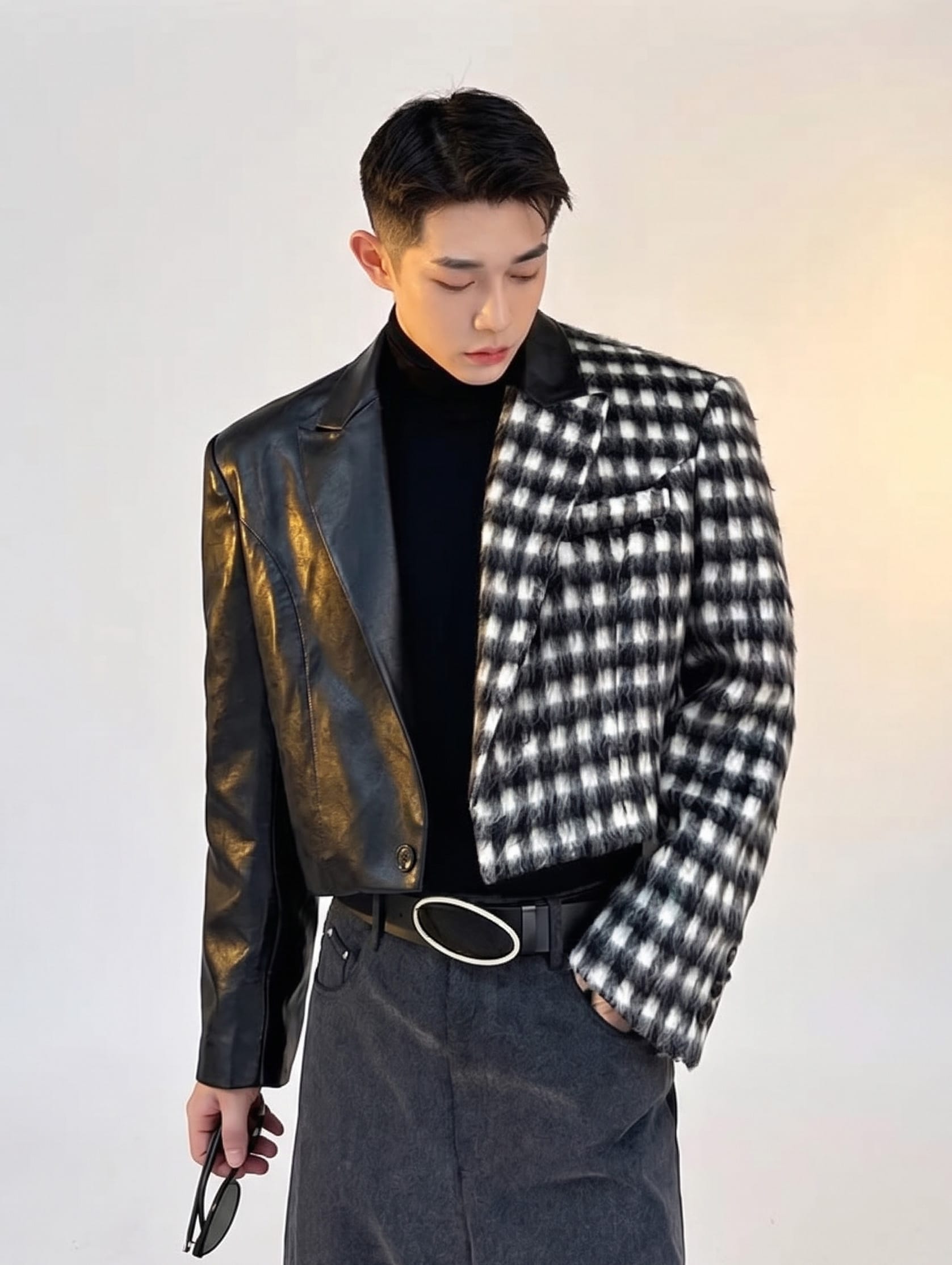 Black / M Spliced Faux-Leather and Plaid Cropped Jacket