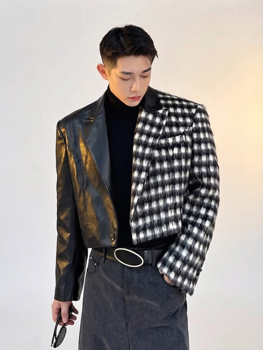 Black / M Spliced Faux-Leather and Plaid Cropped Jacket