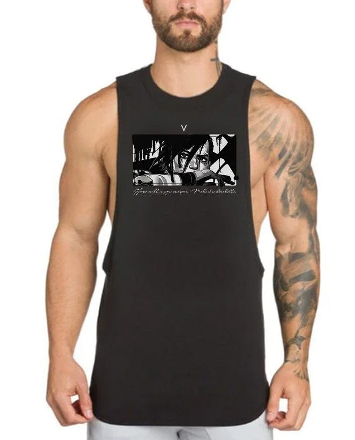 Black / M Vi Dark Grunge Emo Arcane High Neck Tank Top - Gym Fitness Streetwear Tank Top