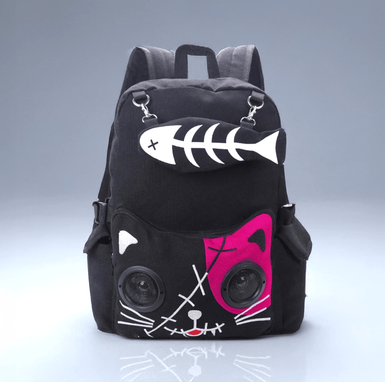 Black n Fuchsia Kawaii Goth Cat Bluetooth Speaker Backpack