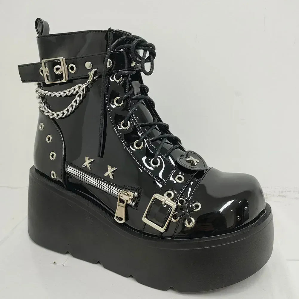 black patent 1 / 35 Gothic Style Platform Boots/ Vampire Cosplay Women Mid-calf Boots