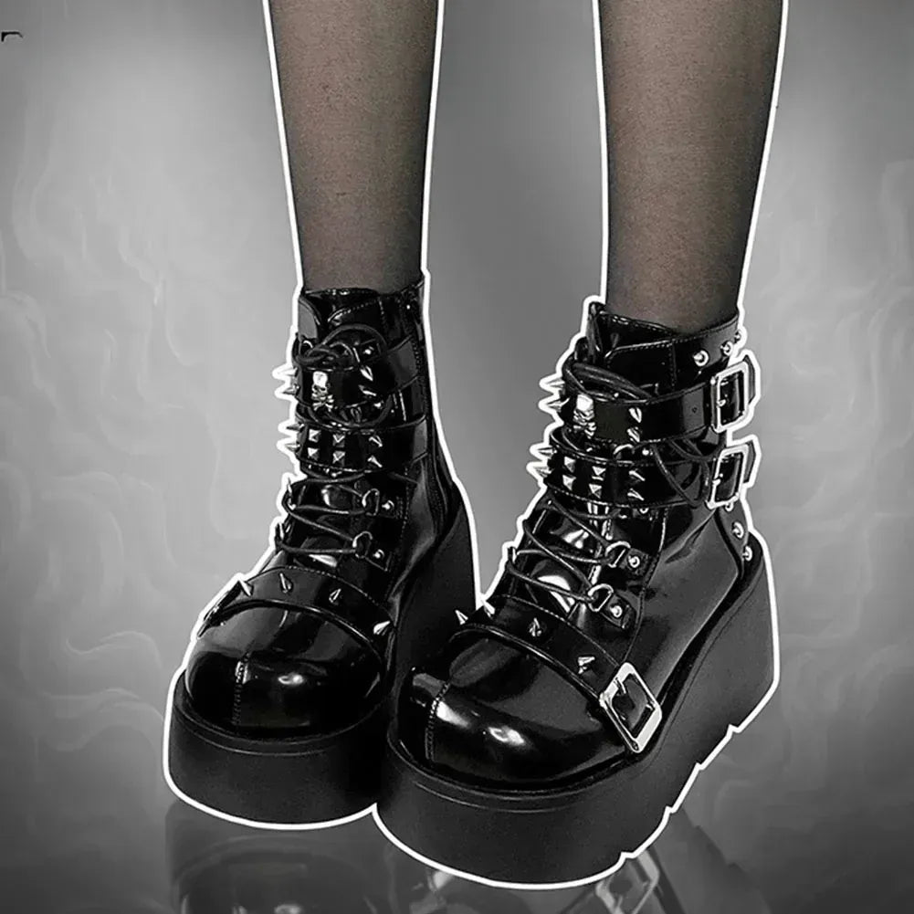 black patent 2 / 35 Gothic Style Platform Boots/ Vampire Cosplay Women Mid-calf Boots