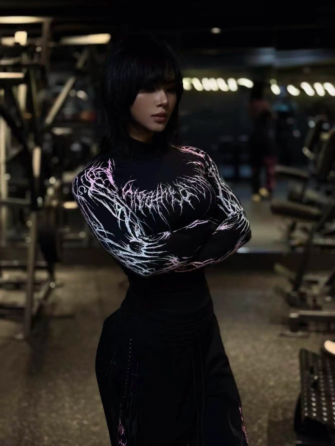 Black pink / XL Couple Style Gothic Style Tight Fitting High Elasticity Fitness Half Height Collar Quick Drying Breathable Long Sleeved Shirt
