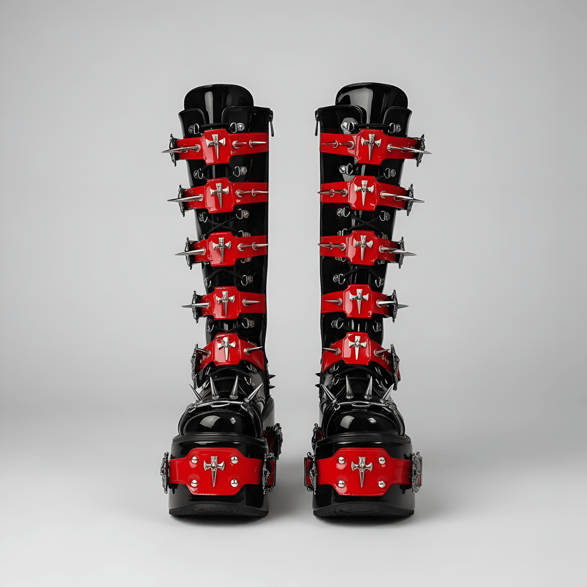 Black red / 34 Women's Rivet Buckle Platform Boots/ Round Toe Cross Tied Leather Boots